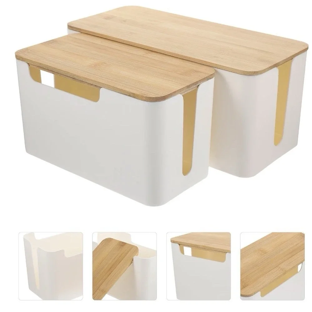 Cable Management Box Cord Organizer w/ Bamboo Lid White 12.18 x 5.58 x 5.11